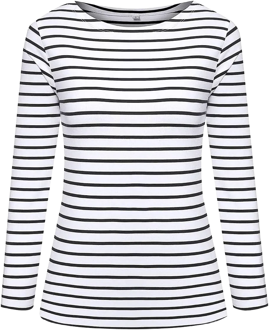 LilyCoco Womens Striped Long Sleeve Shirt Boat Neck Tops Breton Loose Fit Tshirt XX-Large Navy White