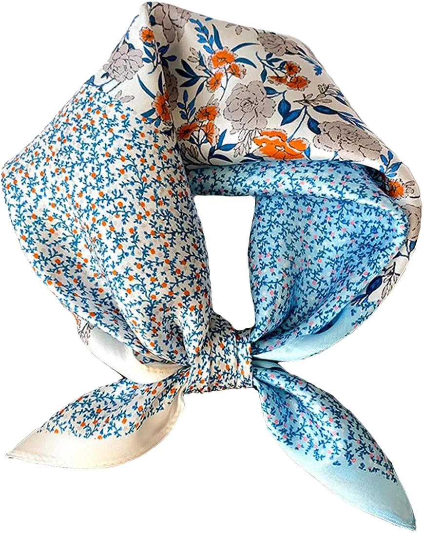 Aufeel Women's 100% Pure Mulberry Silk Small Square Scarf - Neckerchief Women - Silk Headscarf - 21" x 21" Blue + White Floral