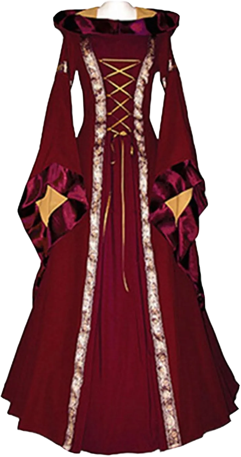 LFEOOST Womens Halloween Costumes Renaissance Dress Medieval Flare Sleeve Hooded Lace up Corset Maxi Dresses Cosplay Gown A#13 Red Small