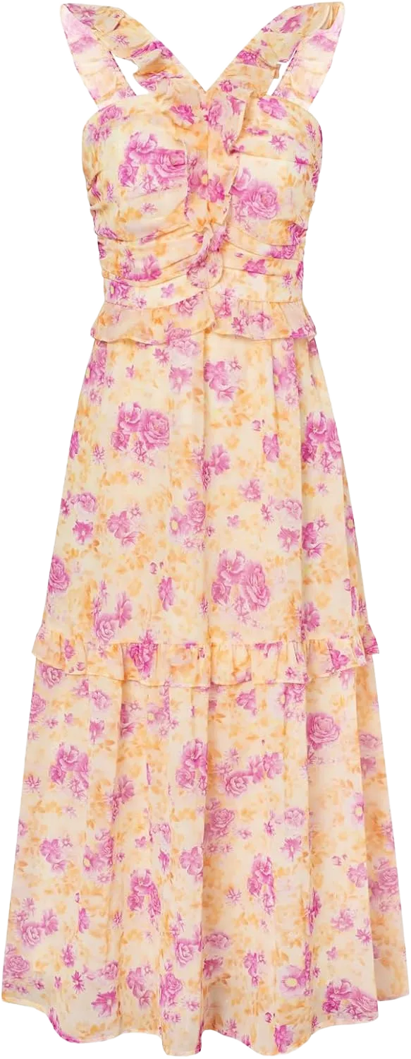 GRACE KARIN Women’s Summer Boho Floral Tiered Dress Strap A Line Swing Flowy Midi Dress Ruffle Beach Wedding Guest Dress Large Print Yellow Purple Flower