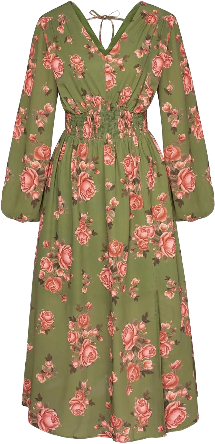 GRACE KARIN Women's Boho Summer Fall Floral Midi Dress 2024 Casual Beach Wedding Guest Long Sleeve V Neck Maxi Dress