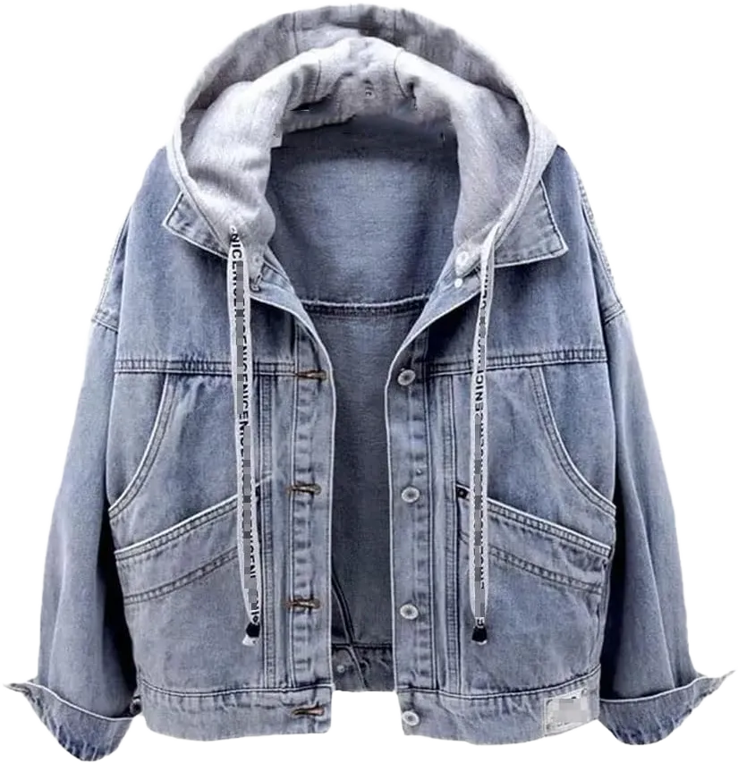 SaoBiiu Women Denim Jacket Blue Hooded Turn-Down Collar Loose Button Patchwork Outwear Female Casual Jean Coat XX-Large Light Blue