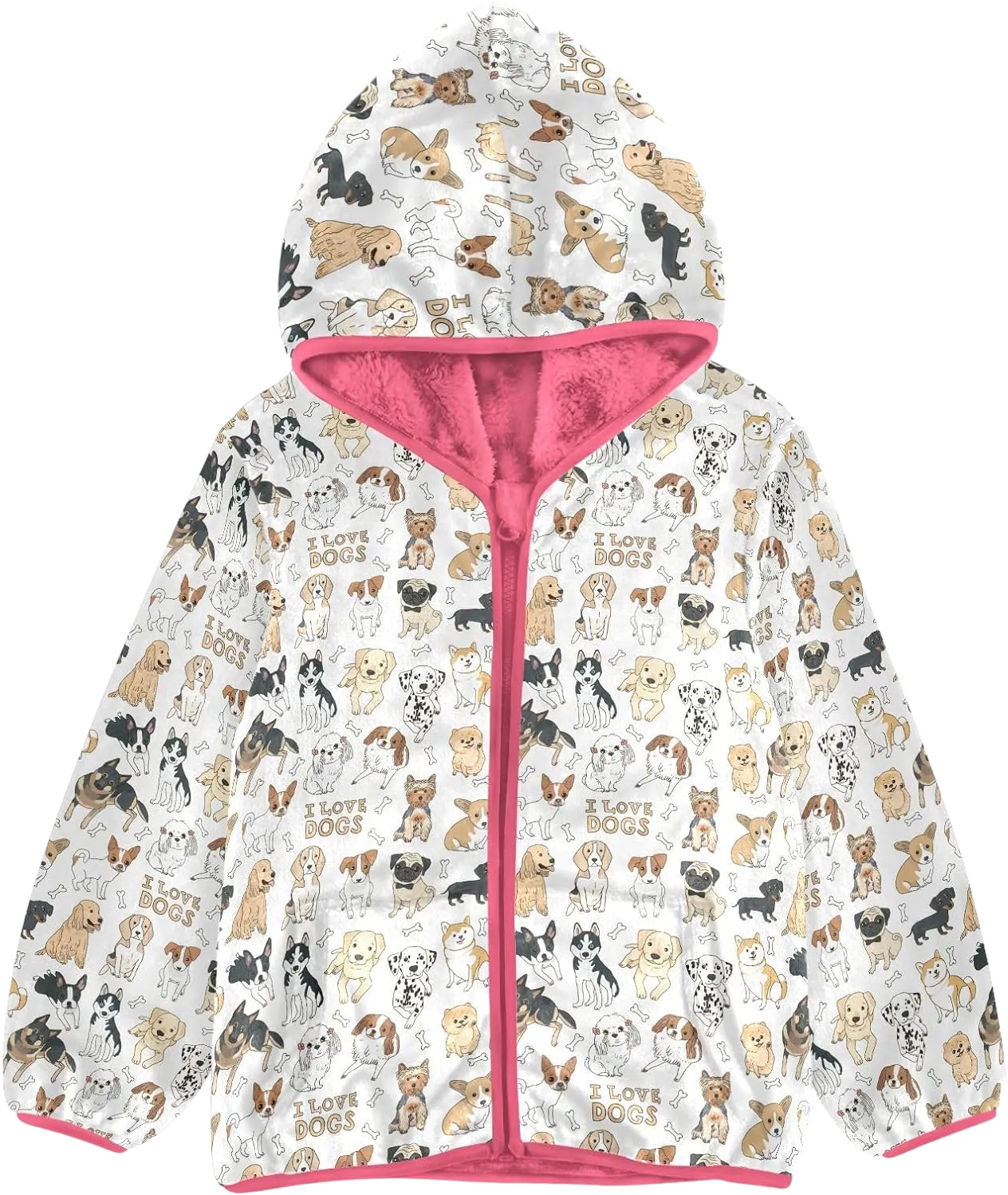 Aflyko Girls Warm Coat Dog Person Love Zip-Up Hoodie Fleece Outerwear Kids Pink Hooded Jacket Children's Fashion Durable Sweatshirt 7-8T