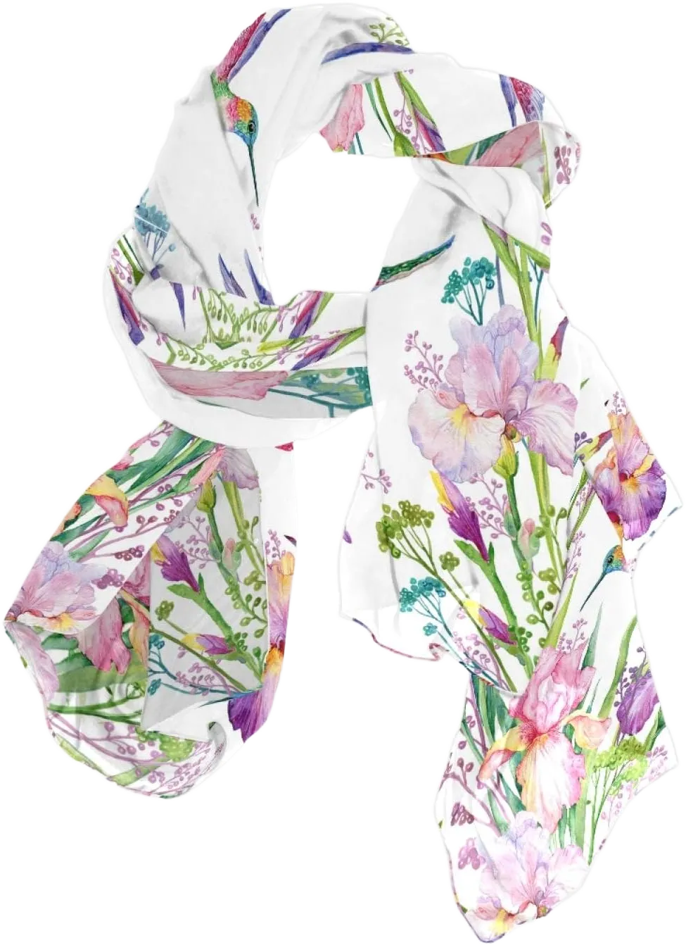Pink Exotic Flowers Flying Hummingbird Women Long Silk Scarf, Shawl Chiffon Large Stole Headscarf, Lightweight Sunscreen Satin Scarves Wraps for Wedding Party Gift