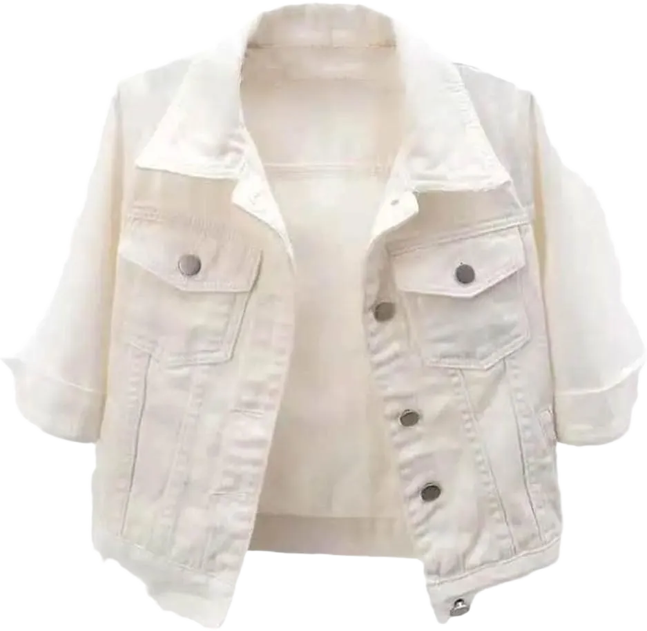 Korean Version Denim Cotton Solid Basic Loose Three Quarter Single Breasted Women's Jacket Short Coat Small White