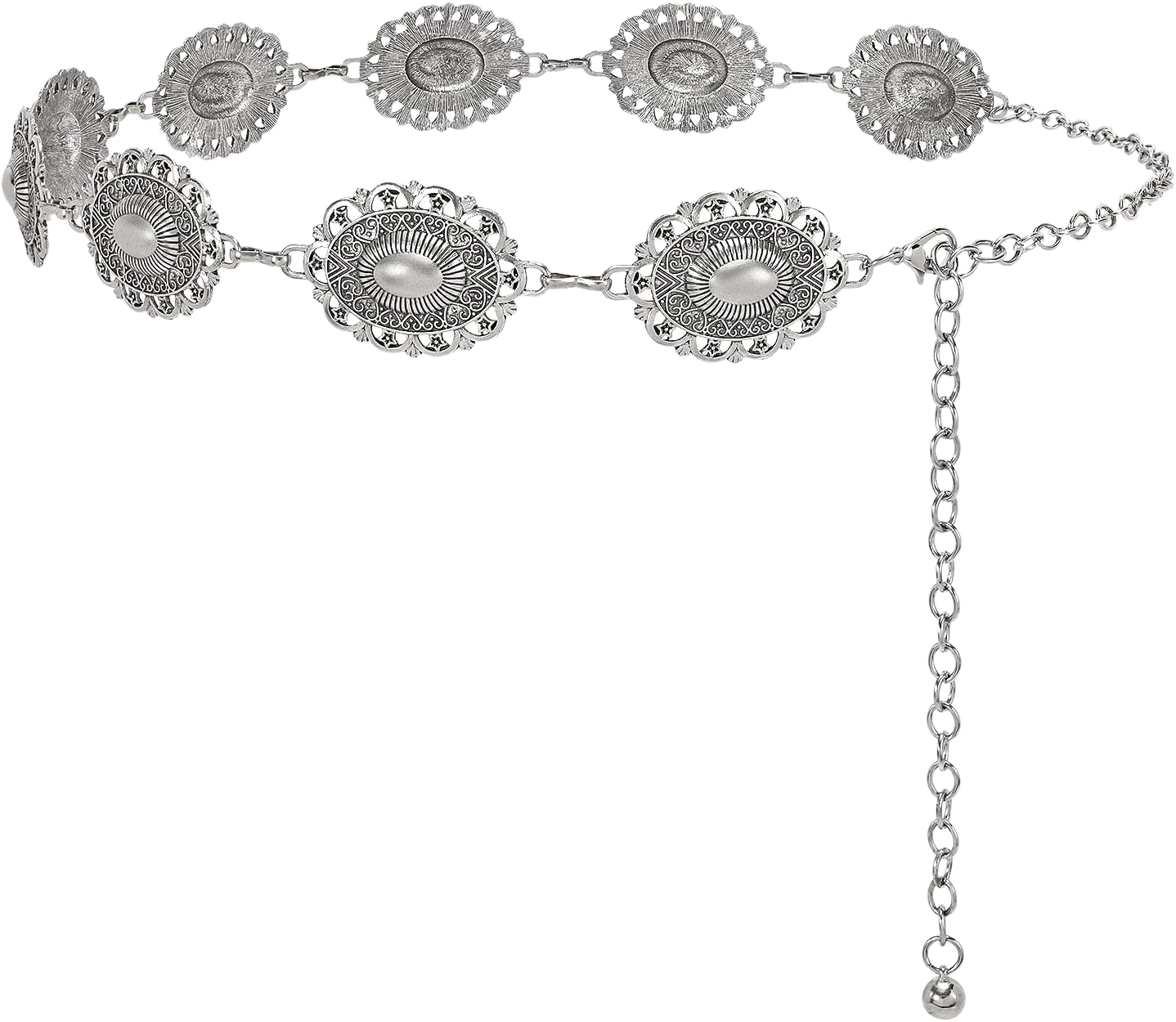XZQTIVE Women Boho Chain Belts For Dresses Jeans Western Cowgirl Waist Links Belt Adjustable Metal Concho Belt Matte Silver Fit Waist upto 36inches