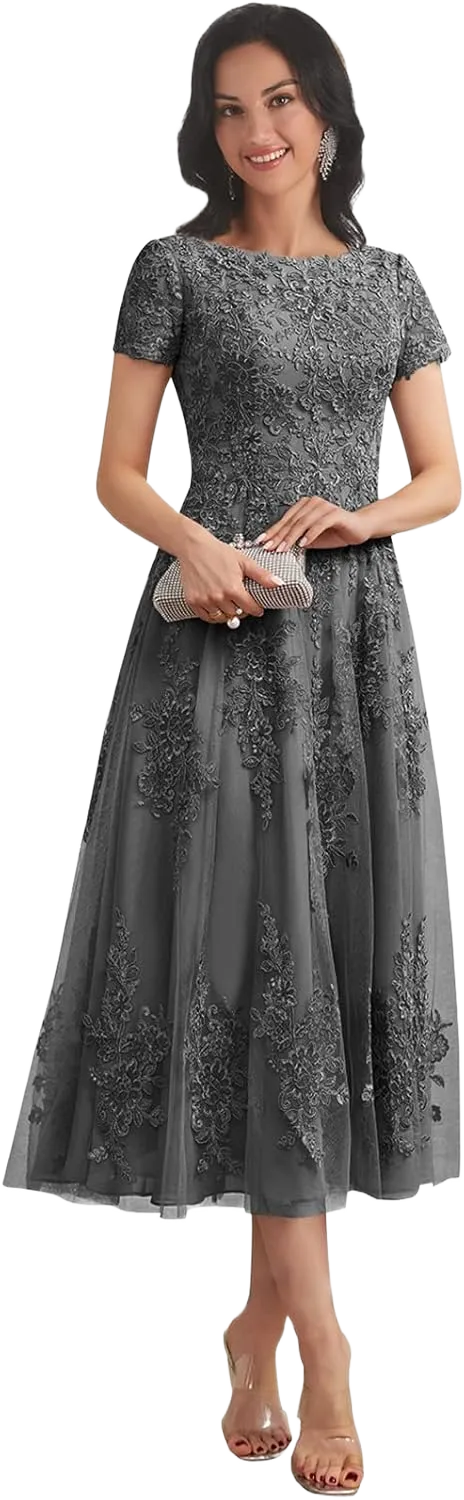 Grey Classy Mother of The Bride Dresses for Women Tea Length Lace Applique Corset Tulle Formal Wedding Party Gown Size 12
