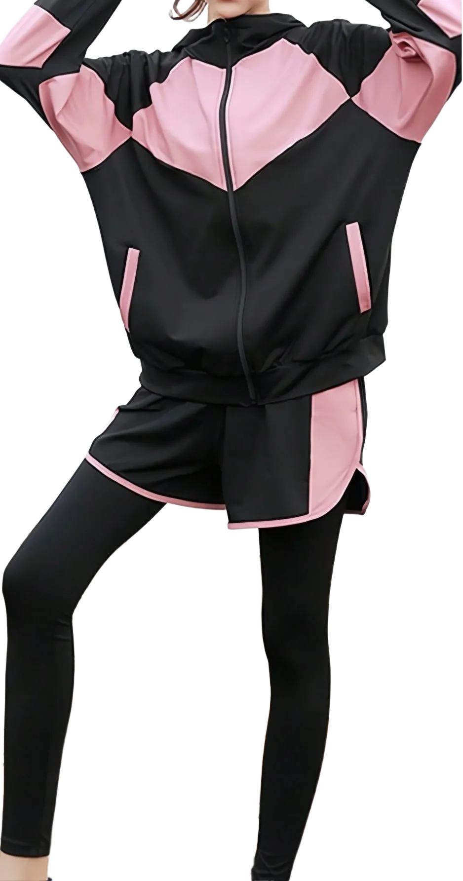 5pcs Women Sports Suit: Yoga Bra + Zipper Hoodie Loose Sweatshirt With Pockets + Breathable Short Sleeve Tee + Workout Leggings + Pockets Shorts, Minimalist Design