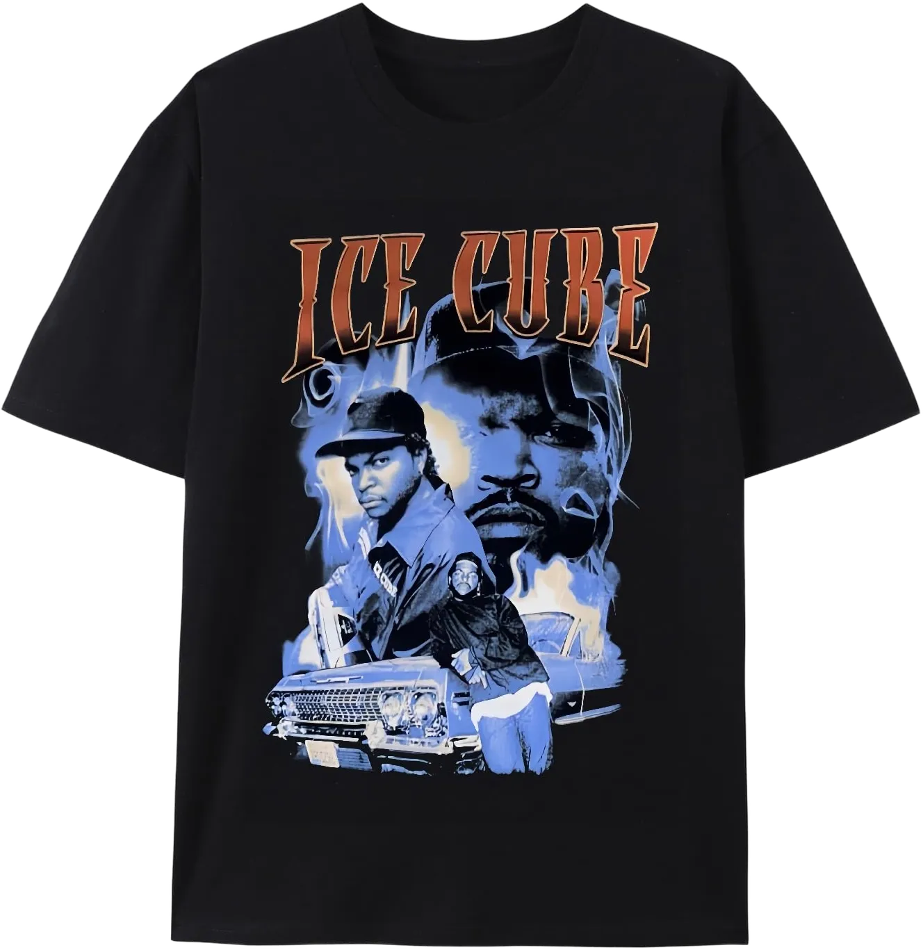 Ice Cube Graphic T-Shirt - Three Pose Design with Vintage Car and Ethereal Stylization - Men's Black Tee Black X-Large