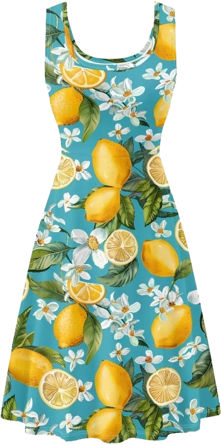Women's Summer Casual Floral Print Midi Beach Sundress Sleeveless Scoop Neck Flowy A Line Tank Dress with Pockets X-Large Lemon Tropical Floral