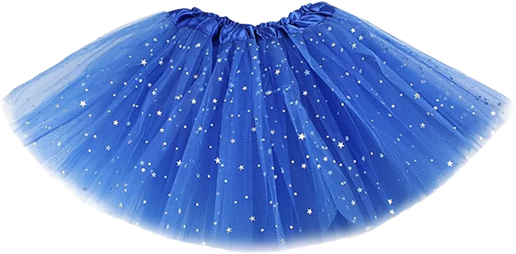 TWINKLEDE Women's Tulle Ballet Tutu Skirt Glitter Sparkle Layered Tutu Skirts with Stars for Women and Girls 66 Short Royal Blue