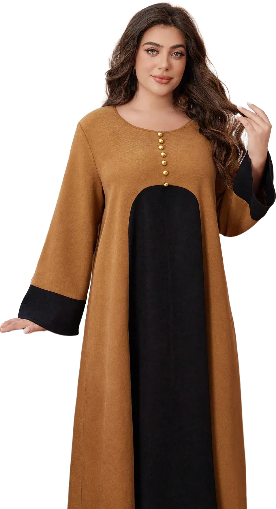 SHEIN Najma Plus Size Women Contrast Color Metal Pearl Button Front Slit Long Sleeve Arabic Dress, Casual Modest Tunic Arabian Dresses, For Casual Daily