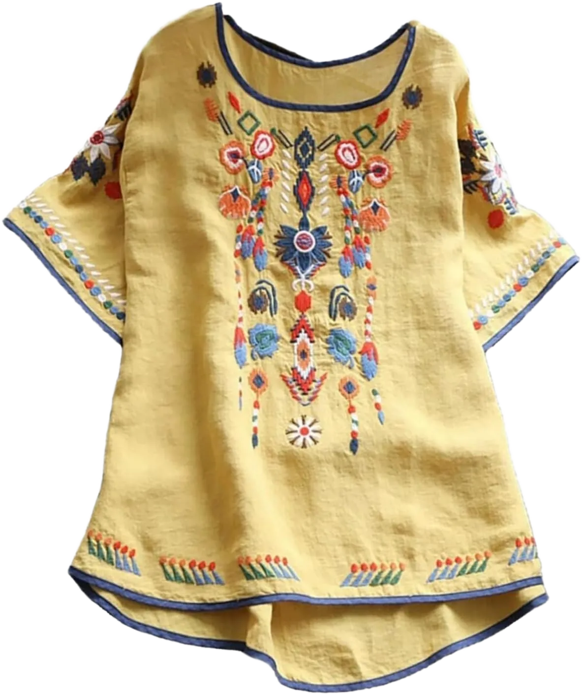 Fitted T Shirts for Women 2023 Vintage Embroidered Mexican Cotton Linen Blouse Dressy Casual Short Sleeve Tunic Top #03 Yellow 3X-Large