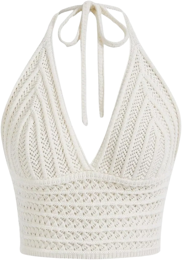 SHENHE Women's V Neck Backless Halter Tie Neck Crop Knit Crop Top Summer Boho Top X-Small White