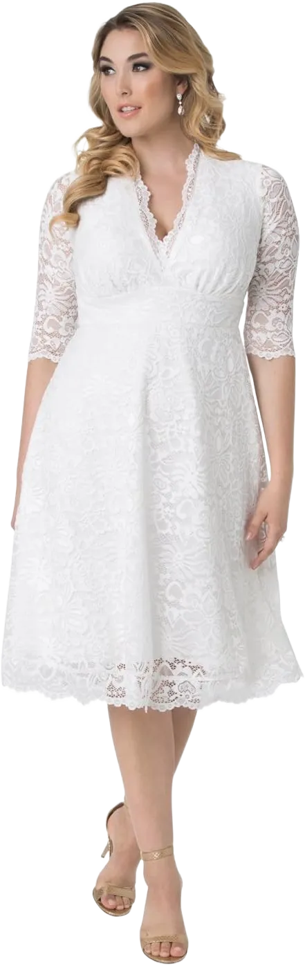 Kiyonna Women's Plus Size Bella Short Ivory Lace Dress, Simple White Wedding, Bridal Shower, or Graduation Midi Dress 3X Ivory