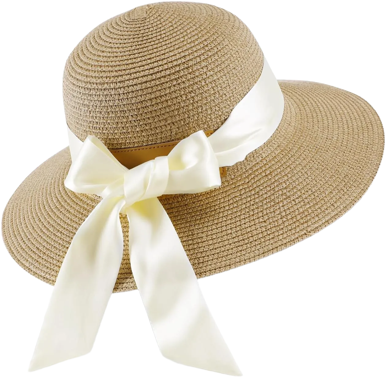 Summer Beach Hat for Women, Wide Brim Straw Hats - UPF 50 - Chic Boho Sun Hats with Detachable Silk Tie for Travel Vacation Khaki/White