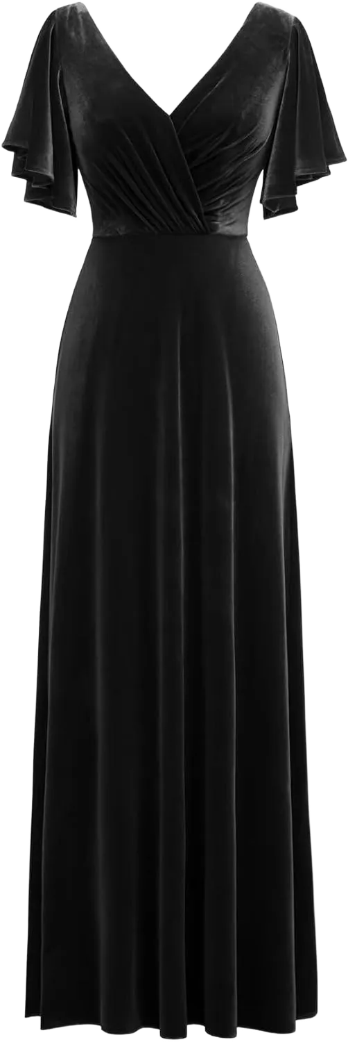 Flutter Sleeve Velvet Bridesmaids Dresses V Neck Women Wedding Long Bridesmaid Dresses for Fall 10 Black