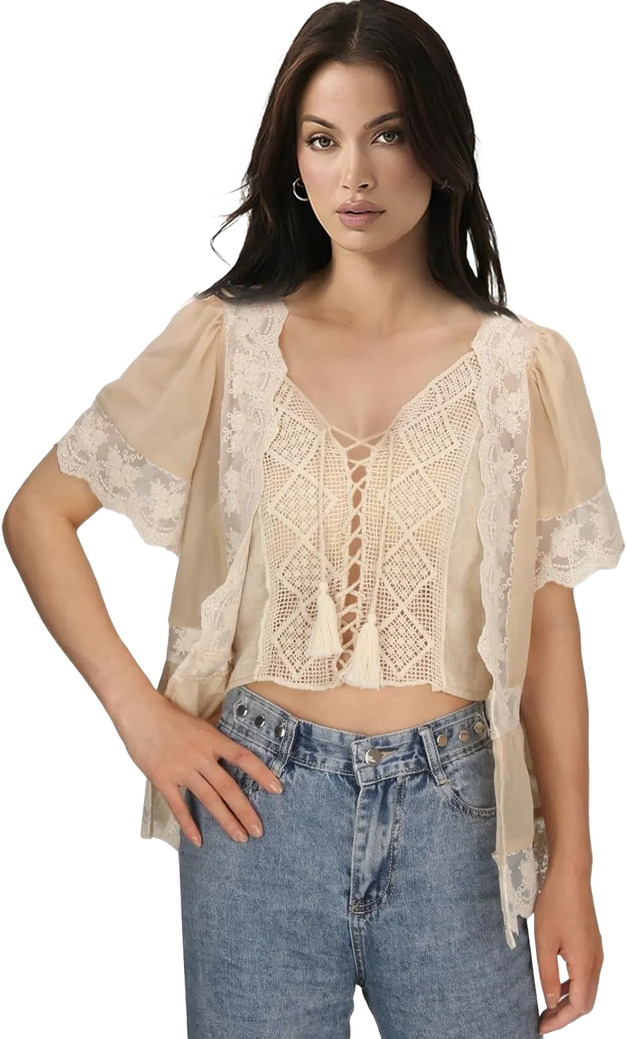 Adult Women Daisy Lace Bohemian Cardigan Summer Floral Fringe Ruffle Short Sleeve Kimono Crochet Sheer Shrug Crop Top