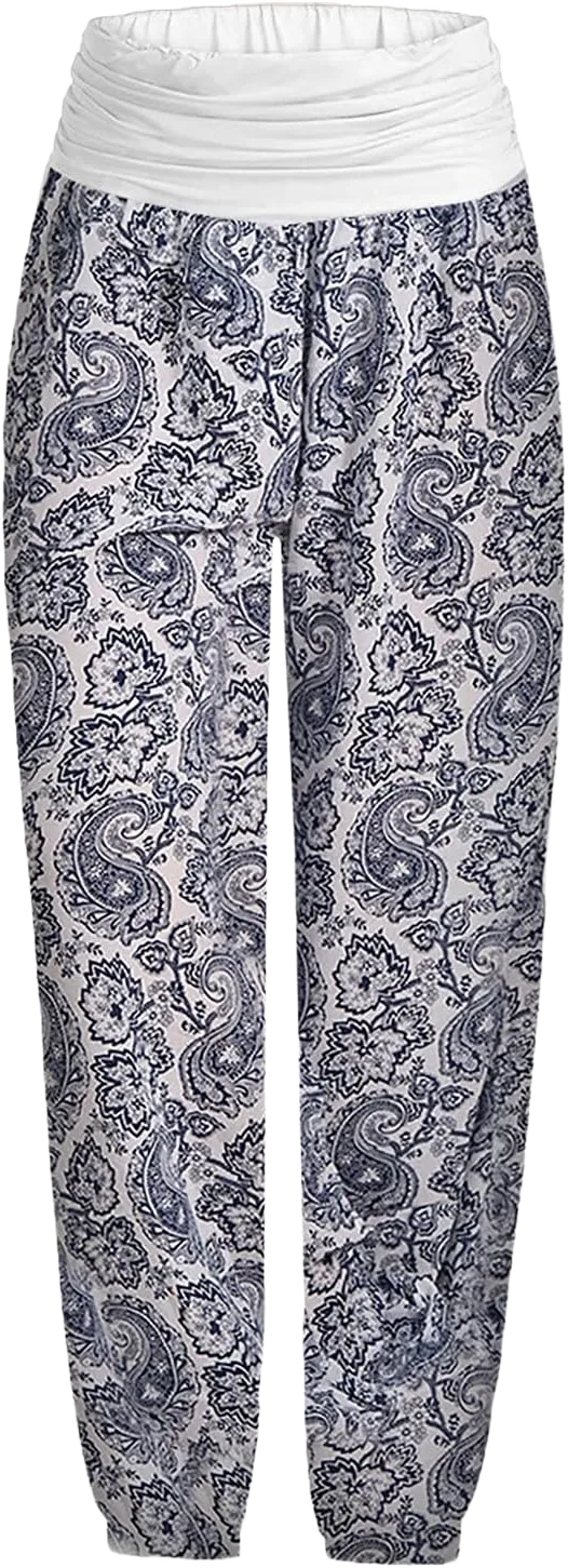 Harem Pants Women Hippie High Waist Boho Petite Length Pants 2024 Plus Size Causal Yoga Flowy Lounge Pajama Joggers 3-white Large