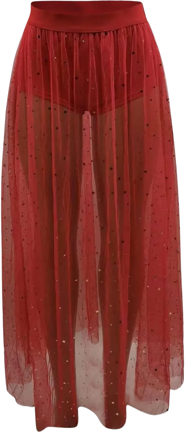 Women's 2 in 1 Sheer Mesh High Waist Galaxy Print A Line Maxi Skirt Satin Midi Skirts Small Red