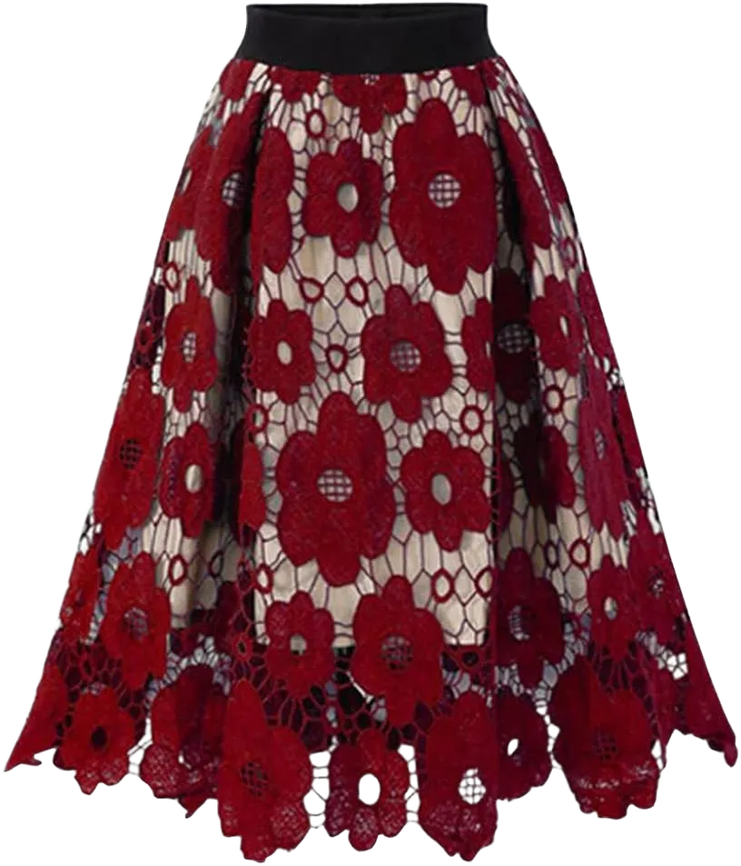 chouyatou Women's Beautiful Hollow-Out Floral Lace High Waisted A-Line Midi Long Skirt (Small, Red)