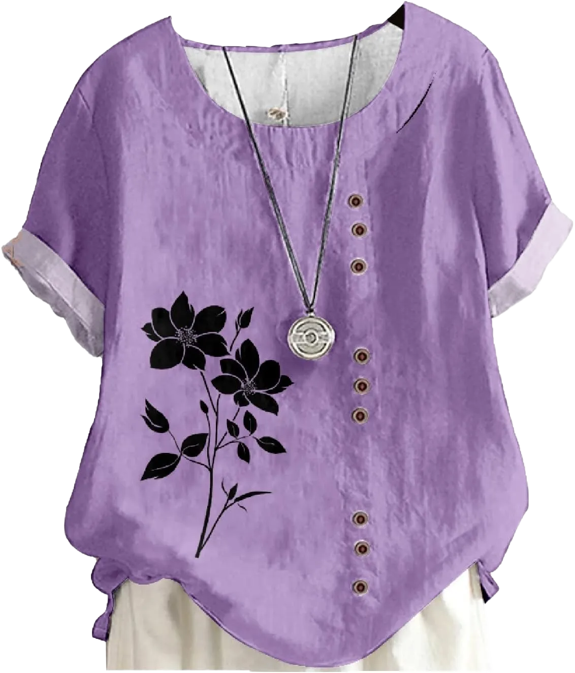 MARSVOVO Womens Linen Tops Floral Graphic Tunic Shirt Casual Slim Comfy Crew Neck Short Sleeve Tee Shirt Plus Size Outdoor Lightweight Cotton Blouse High Waist Summer Tops,L
