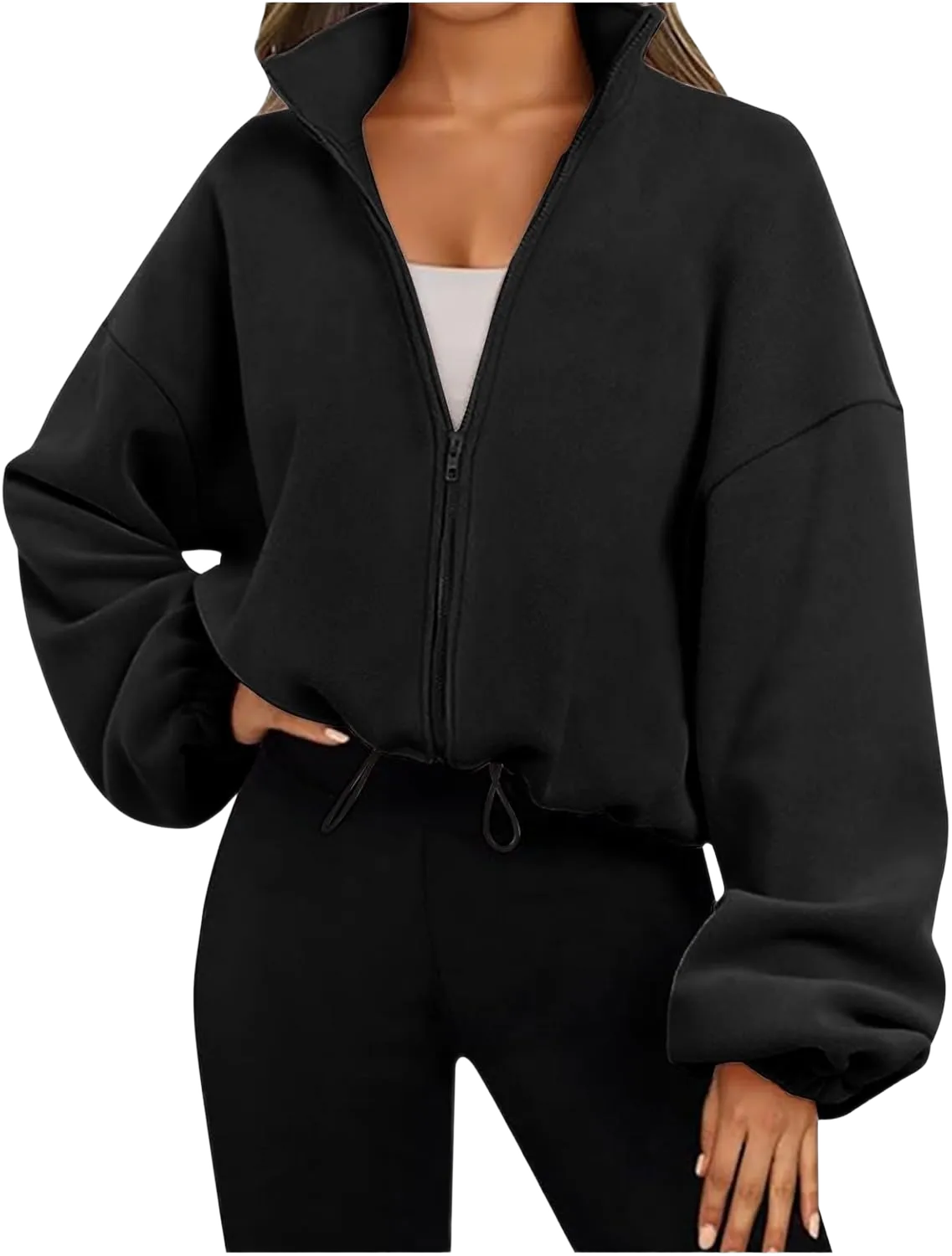 Womens Zip Up Hoodie Oversized Sweatshirt Fleece Cropped Jacket Trendy Fleece Jacket Travel Stretchy Jackets Utility