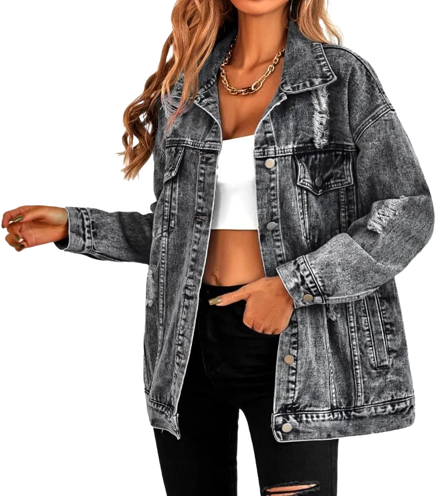 Oversize Denim Jacket for Women Ripped Jean Jacket Boyfriend Long Sleeve Trucker Coat XX-Large Black