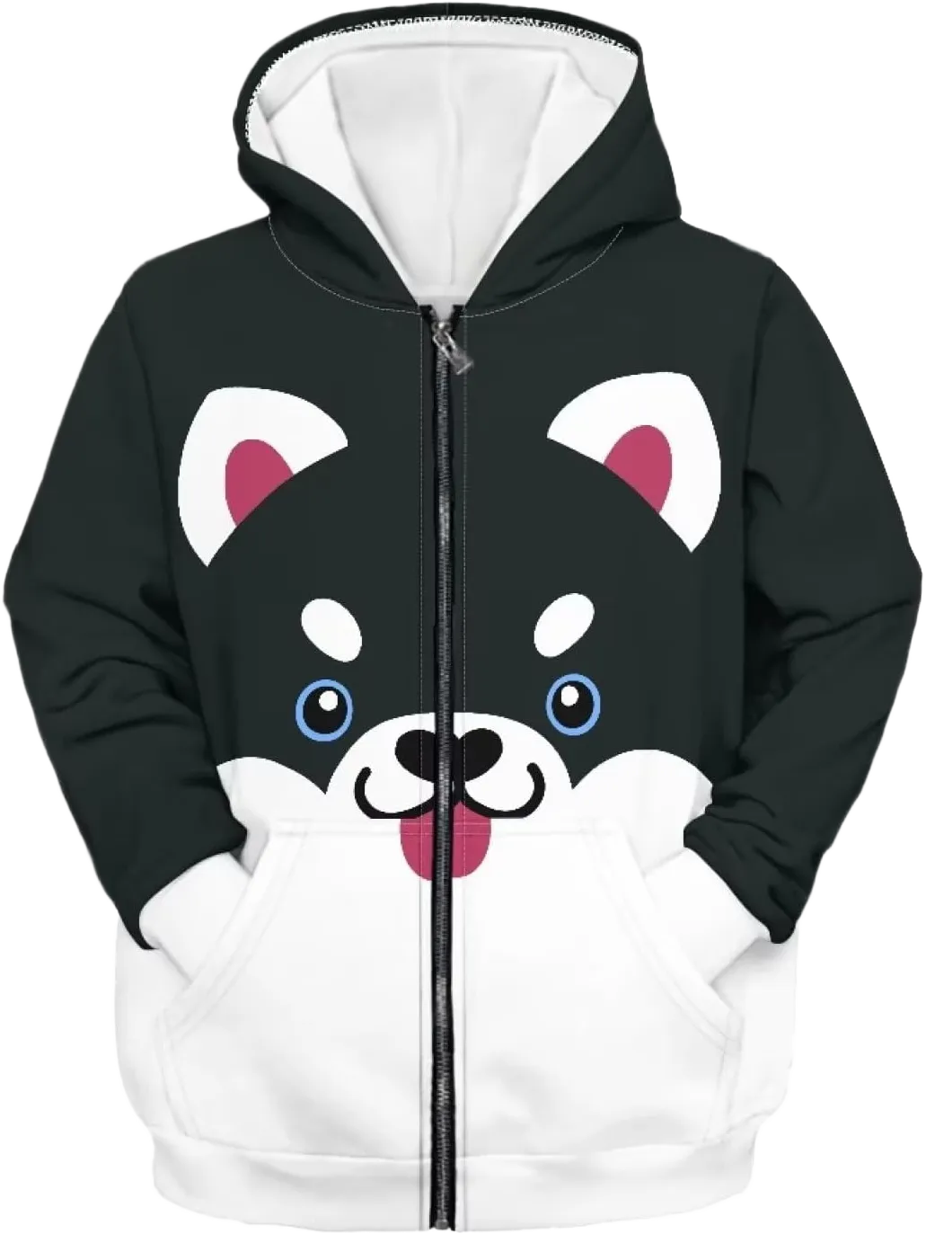 Modysero Kids Loose Fit Spring Fall Long Sleeve Zip Up Hoodie for Boys Girls Hooded Sweatshirt with Pocket 11-13 Years Black Cute Husky Dog Print