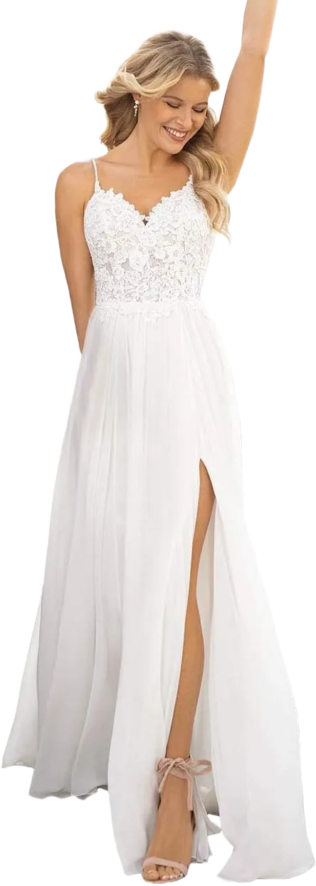 Womens Lace Bodice Beach Wedding Dresses for Bride 2024 Spaghetti Straps Chiffon Long Boho Wedding Dress with Slit Ivory 08