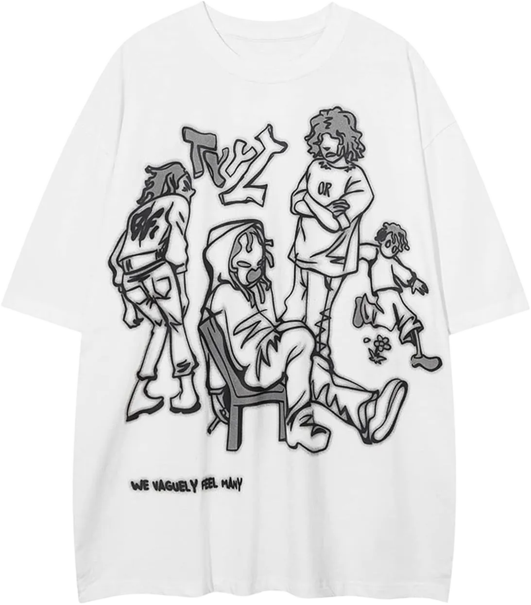 Men's Graphic Tees Shirt Unisex Vintage Oversize Shirts Summer Cotton Tee Streetwear Loose Casual Tops Large Line White