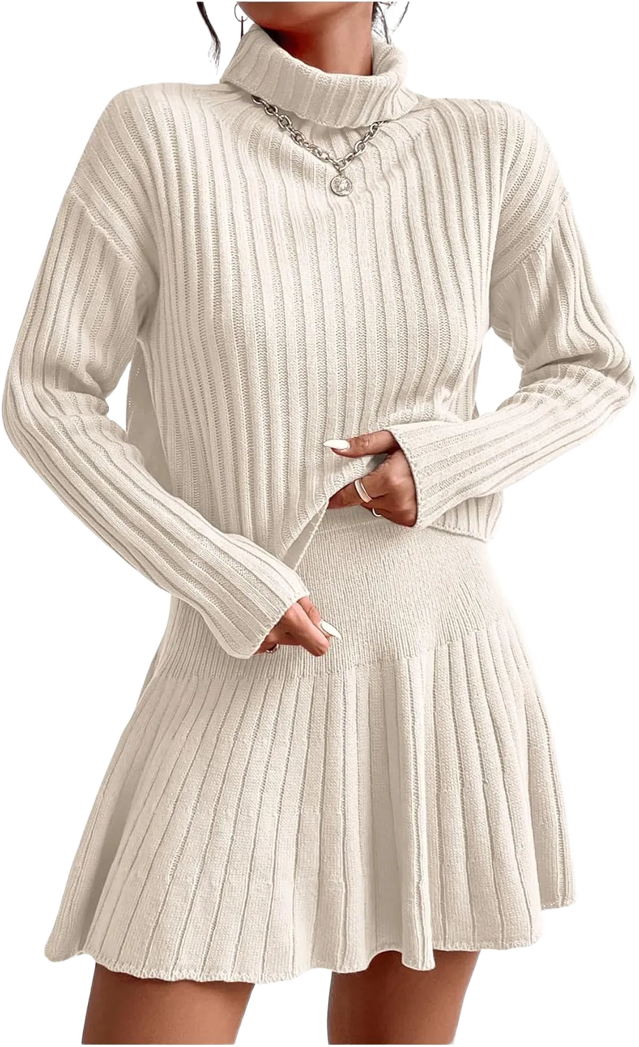 Women's 2 Piece Outfits Long Sleeve Turtleneck Drop Shoulder Ribbed Knit Sweater and Ruffle Mini Sweater Skirt Set