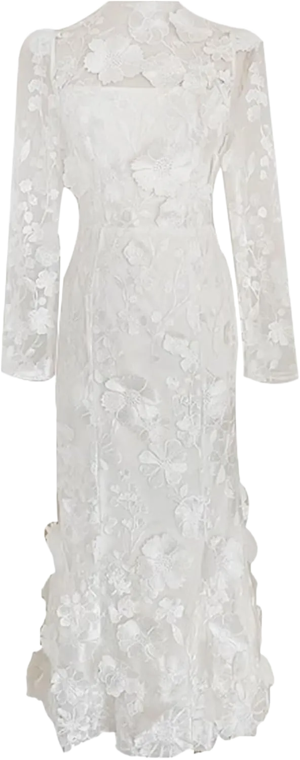 Women's 3D Floral Embroidery Mermaid Prom Dress Long Sleeve Lace Bodycon Party Cocktail Mini Dress 28 Plus White