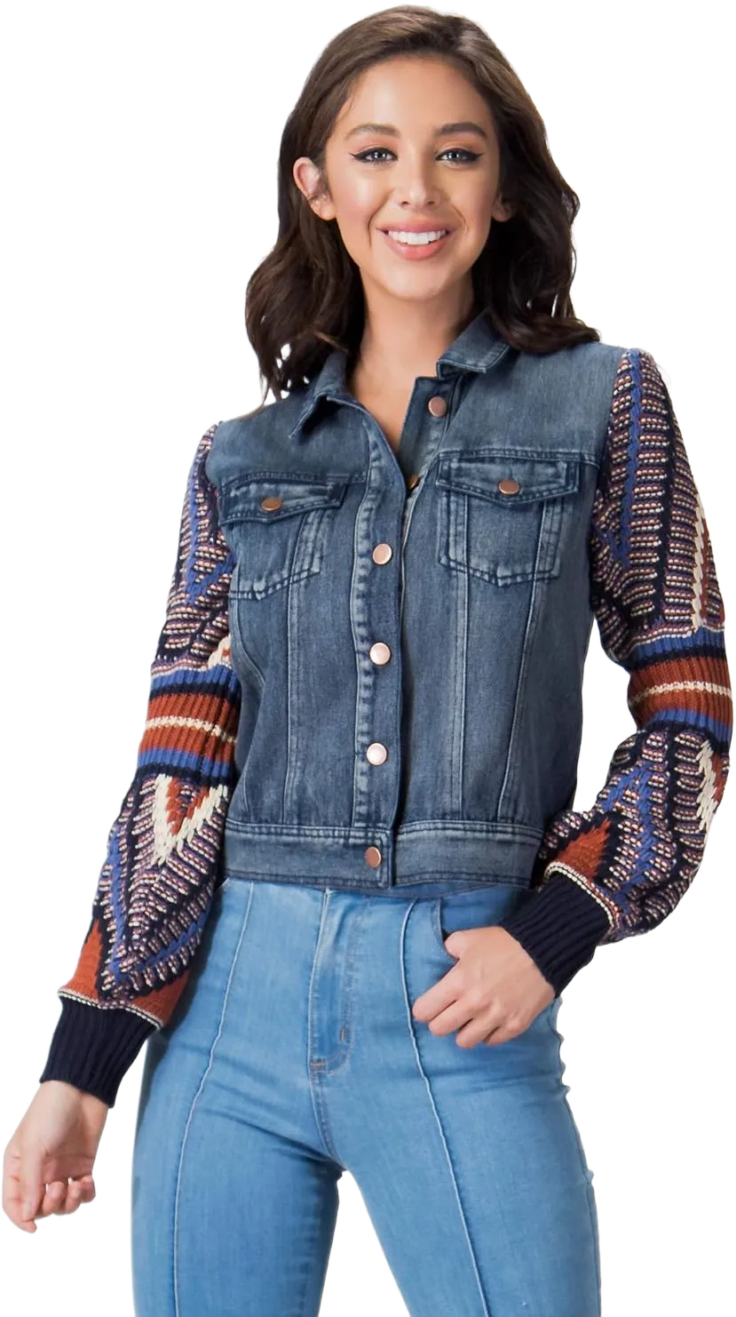 Flying Tomato Women's Boho Sweater Sleeve Denim Jacket X-Large Plus Denim
