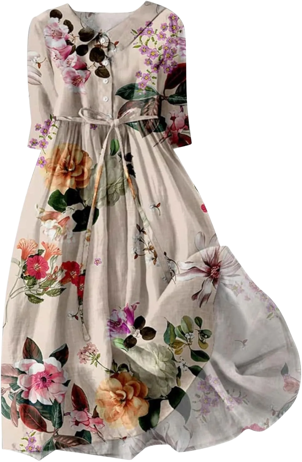 Floral Dress for Women Boho Floral Lapel Neck Button Casual A-Line Lace-Up Dress Chiffon Dresses Wedding Guest
