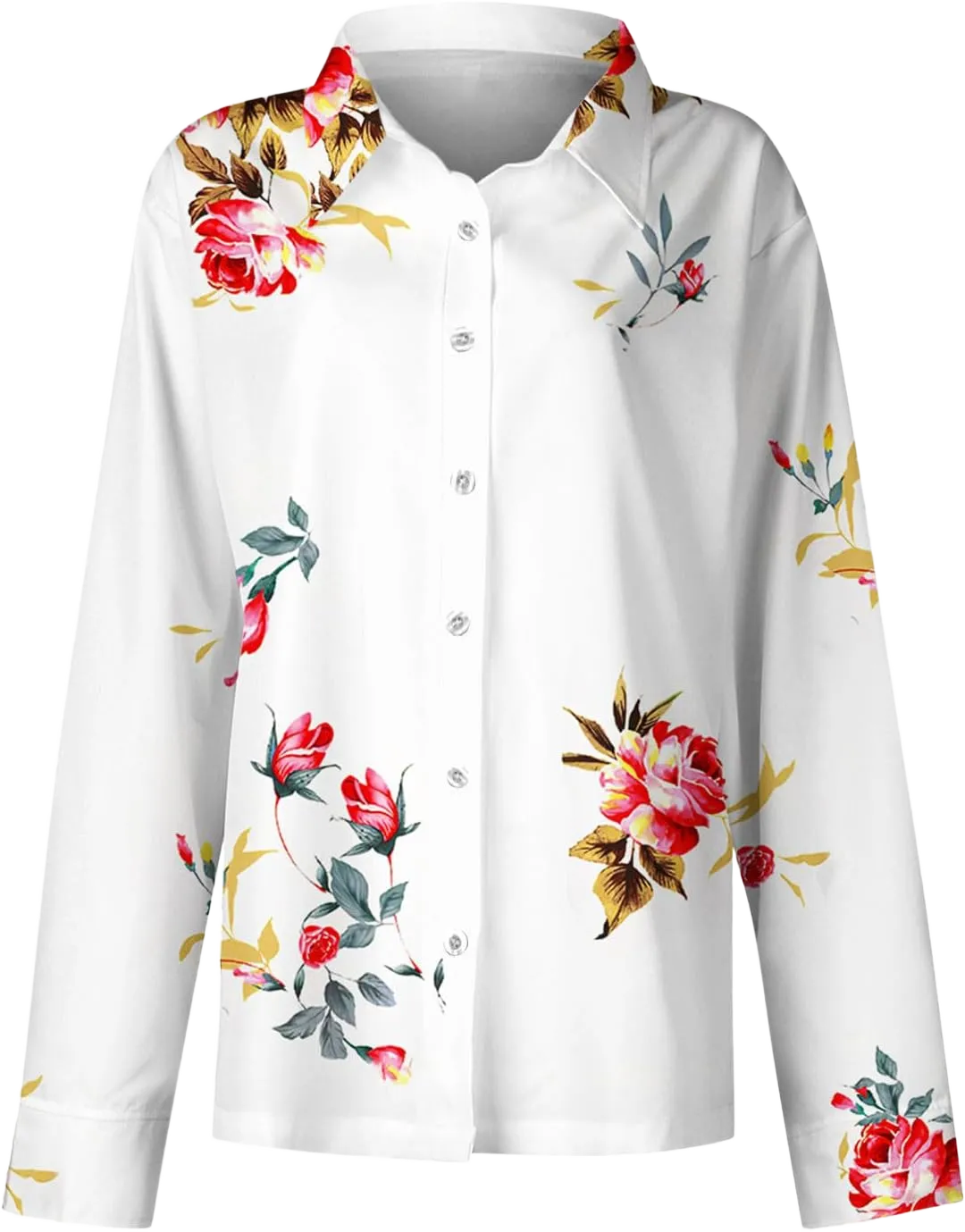 Blouses for Women Floral Printed Long Sleeve Collared Neck Casual Comfy Button Down Tops for Vacation Daily Wear J07-white Large