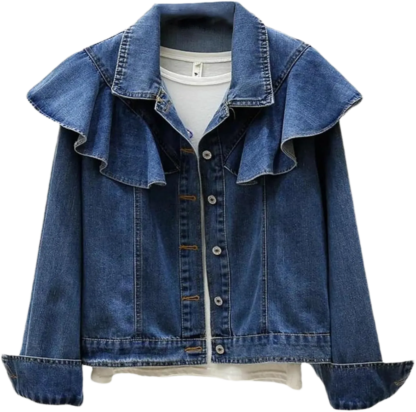 Women's Spring Ruffles Denim Jacket Vintage Solid Long Sleeves Button Down Loose Jeans Coat Medium Blue