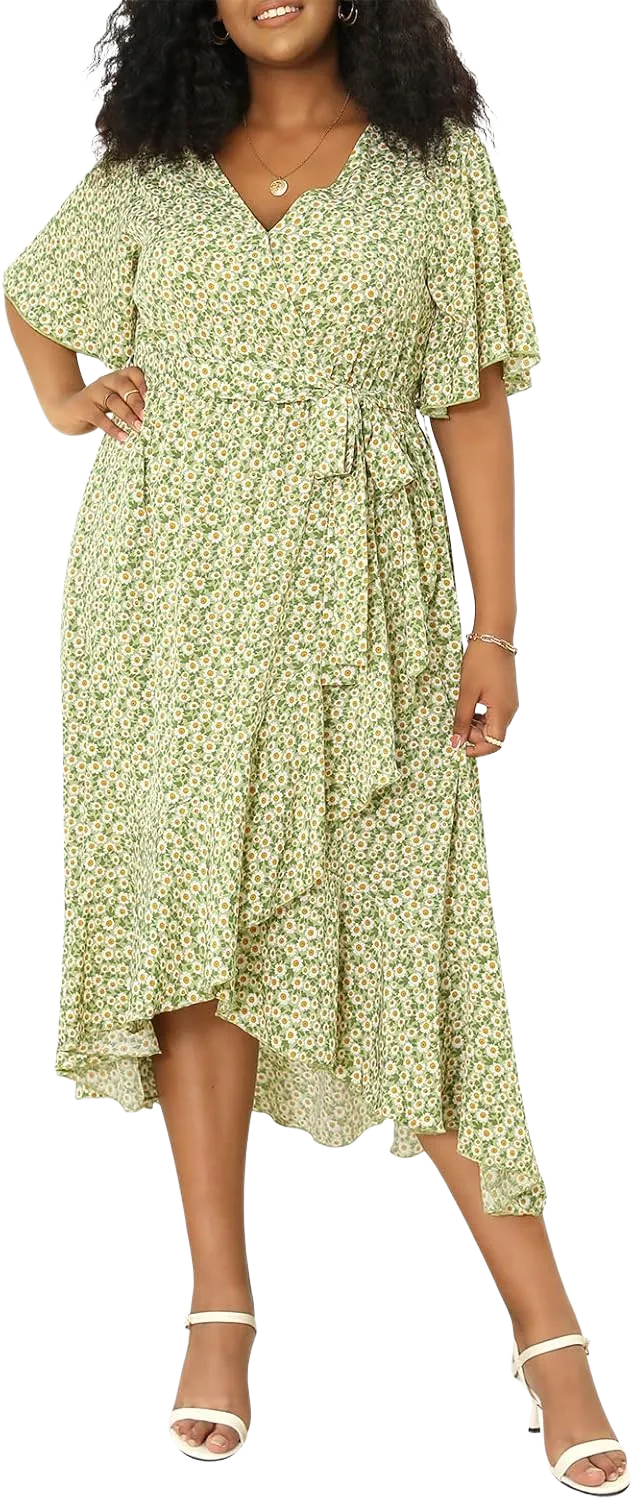 Keluummi Plus Size Wedding Guest Maxi Dress for Curvy Women, Summer Casual Boho Floral Long Wrap Dress with Sleeve and Pocket 16 Plus 14 - Light Green Floral