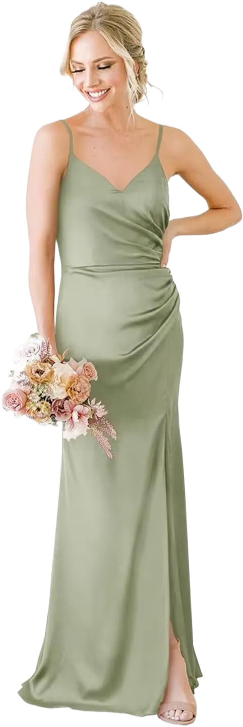 Fivsole Satin Long Bridesmaid Dresses Formal Wedding Guest Dress 2024 Ruched with Slit Formal Evening Gown for Women 2 Sage Green