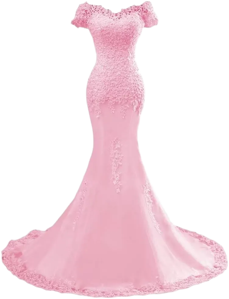 XYAYE Women's Lace Mermaid Wedding Dresses for Bride Sequins Bridal Dresses Off The Shoulder Bridal Gowns with Sweep Train 24 Plus Pink