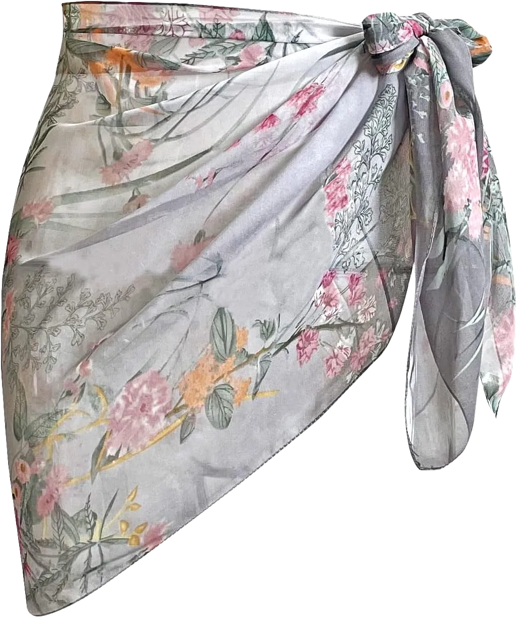 Women's Short Sarong Wrap Skirt Chiffon Swimsuit Cover up Beach Pareo Wraps Y04- Grey