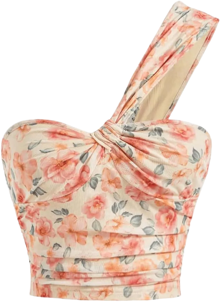 SOLY HUX Women's One Shoulder Floral Crop Top Twist Front Boho Camisole Summer Going Out Shirt Tops Large Beige Floral