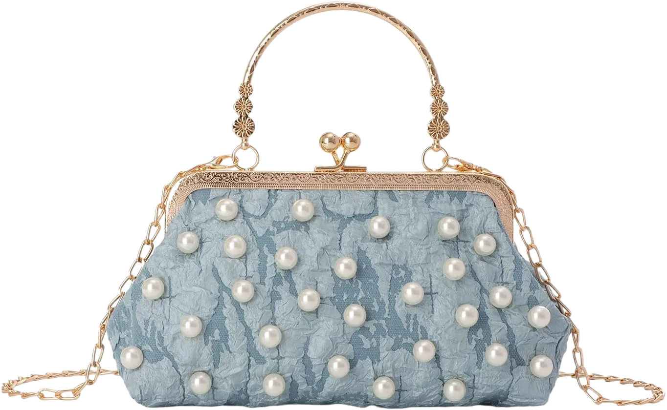 Emprier Women Beaded Evening Handbag Pearl Decoration Cute Clutch Purse Small Bridal Wedding Tote Bags Blue2