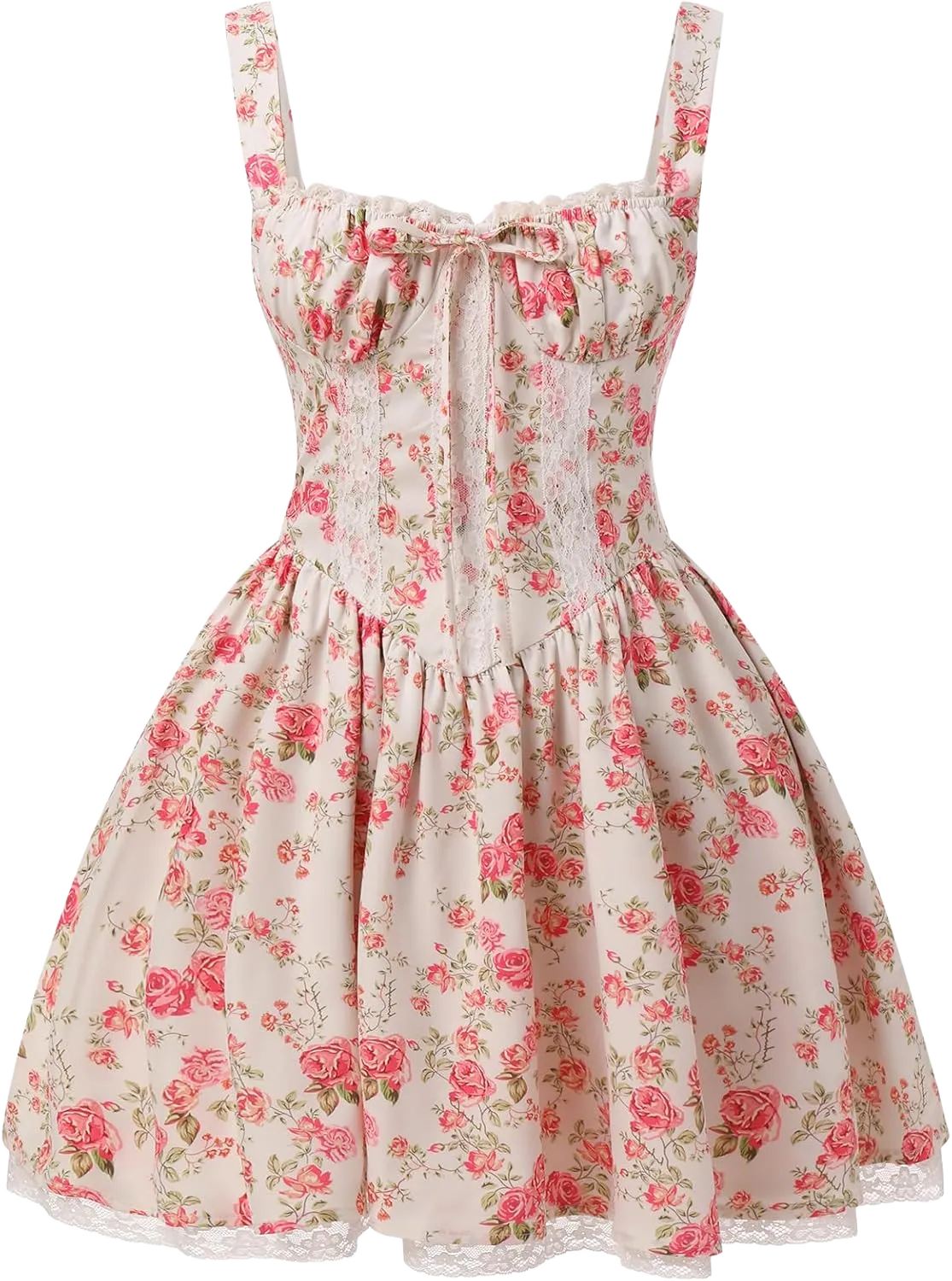 Women’s Floral Printed Corset Dress Spaghetti Strap Flare Summer Midi Dress Lace Trim Cami Dress Flowy Sundress Small Pink Floral