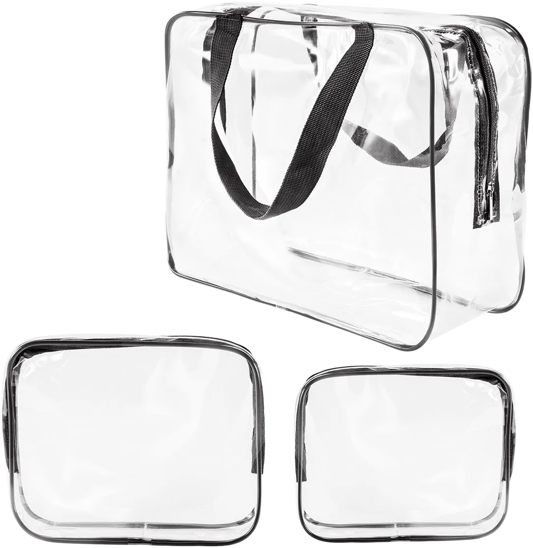 3Pcs Crystal Clear PVC Travel Toiletry Bag Kit for Women Men, Waterproof Vinyl Organizer Makeup Bags with Zipper Handle Straps, Cosmetic Bag Pouch Carry on Airport Airline Compliant Bag Handbag 3 Piece Set 1 Large, 1 Medium, 1 Small-Black