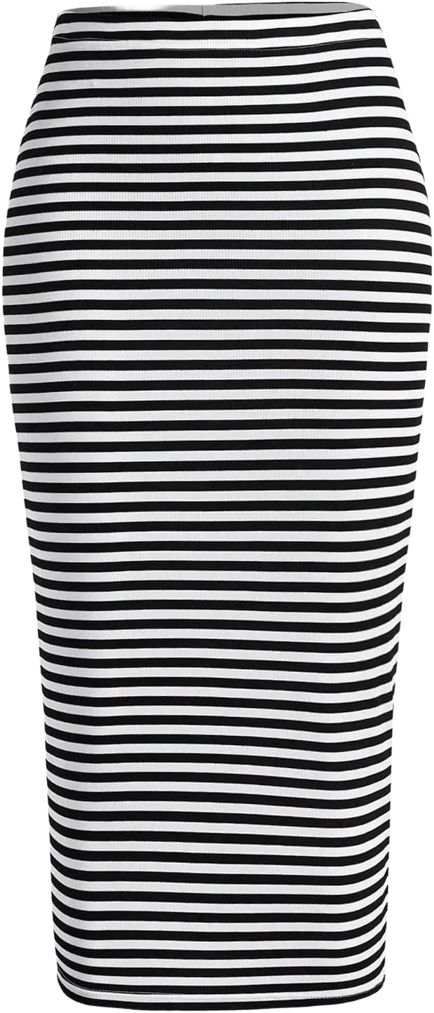SOLY HUX Women's Plus Size Striped Pencil Skirt High Waisted Split Back Midi Skirts Black and White Striped 2XL