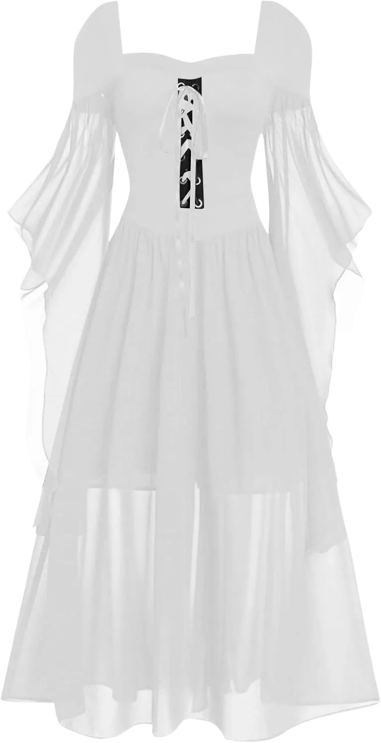 Gothic Dresses for Women Cold Shoulder Butterfly Sleeve Lace Up Corset Maxi Dress Plus Size Vintage Halloween Dresses M# White Large