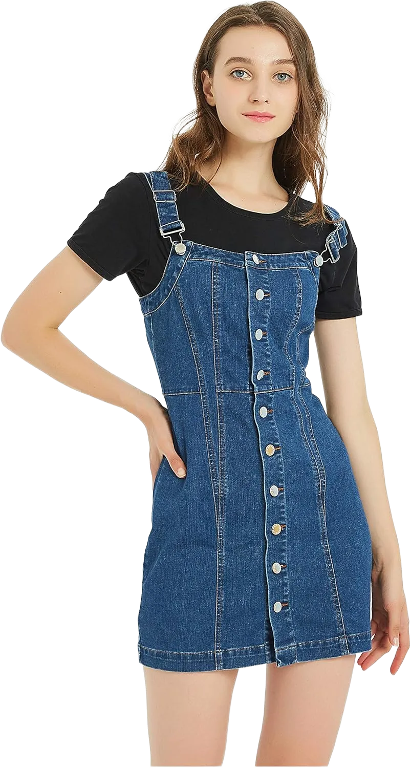 Tronjori Women's Button Front Classic Adjustable Strap Overall Denim Skirt Dress