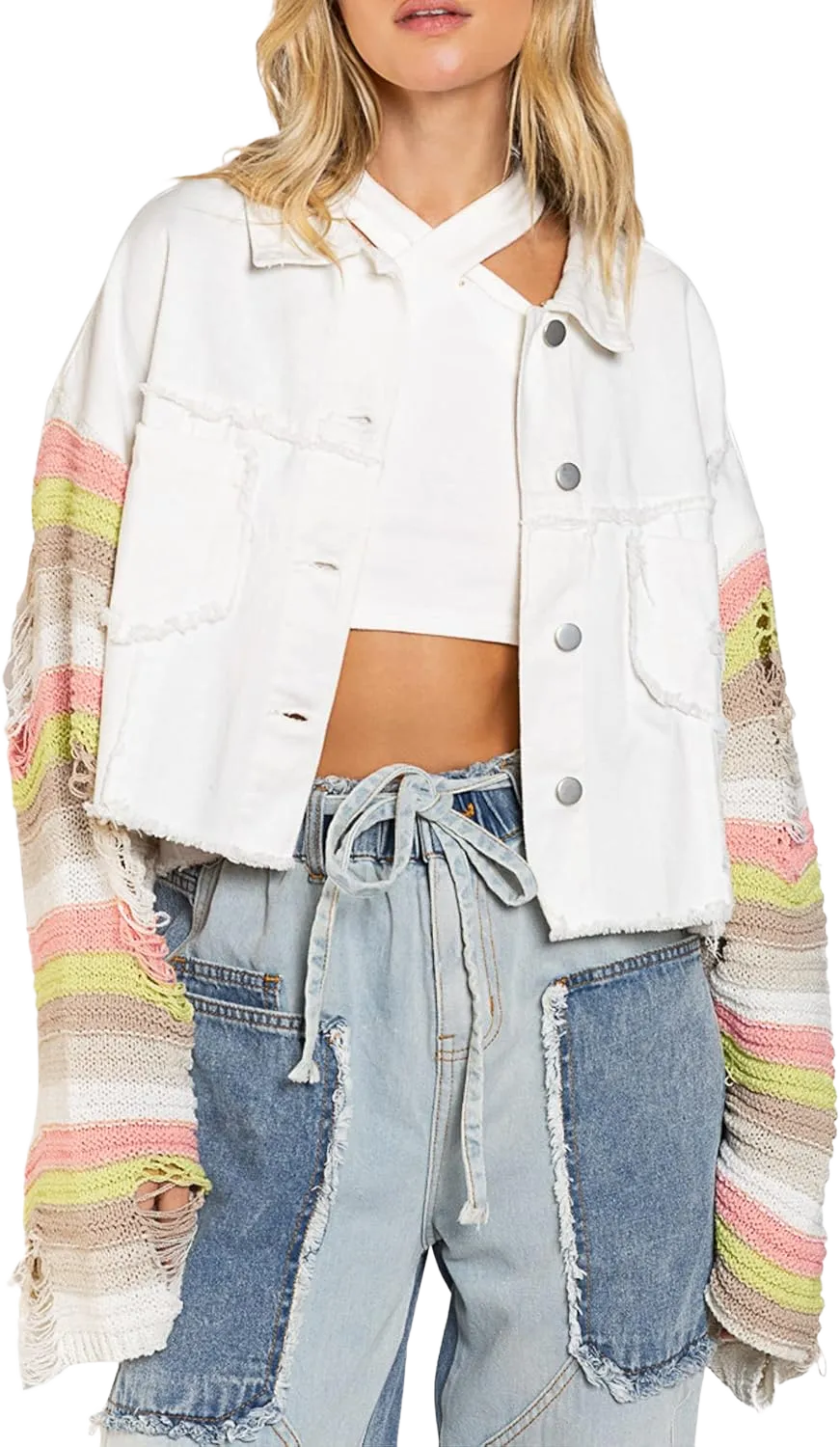 Womens Rainbow Sweater Sleeve Crop Denim Jacket Distressed Ripped Frayed Hem Patchwork Jean Jacket Coat Medium White