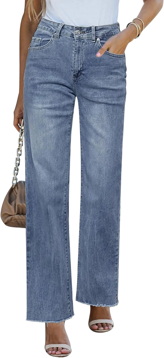 GRAPENT Straight Leg Jeans for Women High Waisted Stretchy Frayed Raw Hem Loose Denim Pants Casual Baggy Jean Trousers Large Vintage Blue - Acid Wash